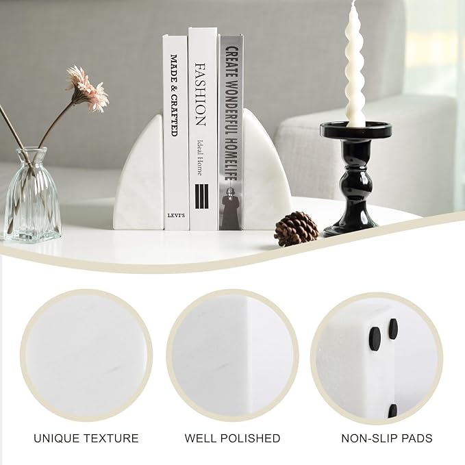 Koville Marble Bookends for Shelves, Large Bookends for Heavy Books, Natural Stone Book Stopper for Books CD Movies, Aesthetic Decorative Book Ends (White)