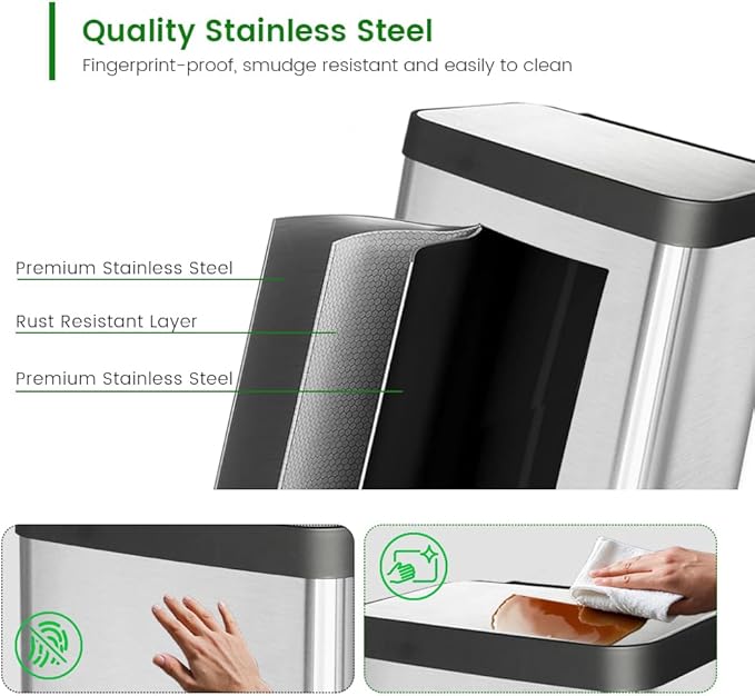 18 Gallon Stainless Steel Step Trash Can with Soft-Close Lid & Stay-Open, Rectangular Kitchen Garbage Bin for Home & Office, Tall Trash Bin No Liner Needed (70 Liter Larger Capacity)