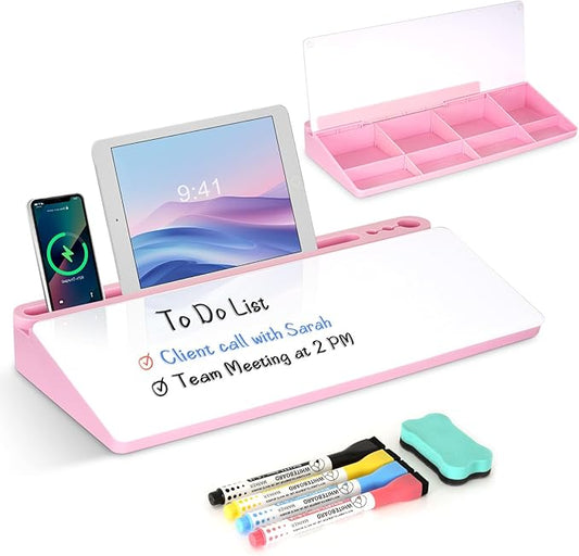 Desktop Glass Whiteboard with Storage, Pink Desk Dry Erase White Board with Computer Keyboard Stand, Desk Organizers and Accessories with Removable Cubicles for Office, Home, College, School