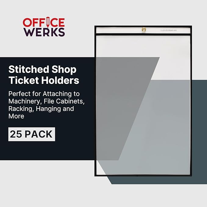 Office Werks Stitched Job Ticket Holder 11 x 17 Inch, Clear Work Order Plastic Sleeves Holder, Document Print Holders, Perfect for Attaching to Machinery, File Cabinets, Racking & Hanging, 25 Pack