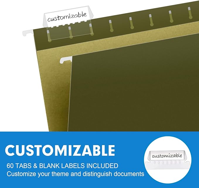 Extra Capacity Hanging File Folders, RAZCC 60 Pack Letter Size Reinforced Hanging Folders with Heavy Duty 3 Inch Expansion for Bulky Files, Filing Cabinet, Adjustable Tabs, Green