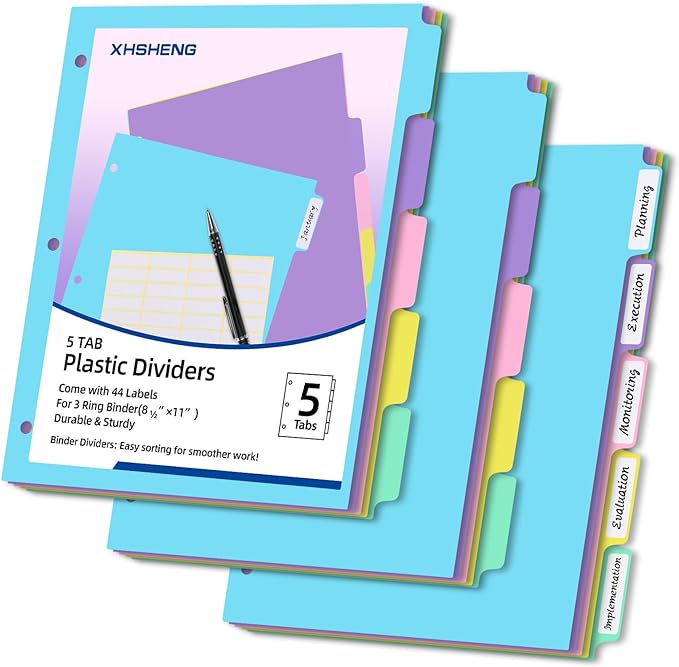 5 Tab Binder Dividers with Tabs,for 3 Ring Binder,Plastic File Dividers, Multicolor,Letter Size,3 Sets