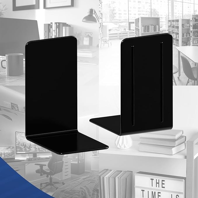 Acrimet Plastic Bookends for Bookcases, Shelves and Desktop, Plastic Book Holders (Black Color) (1 Pair)