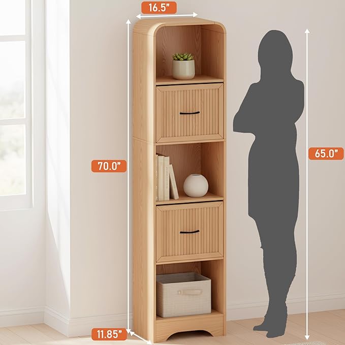 70" Tall Arched Bookcase and Book Shelf, Narrow Bookshelf with Drawers, Modern Wooden Bookshelves w/Adjustable 2 Bins Storage, Skinny bookshelf w/Open Display Shelves for Living Room, Office, Oak