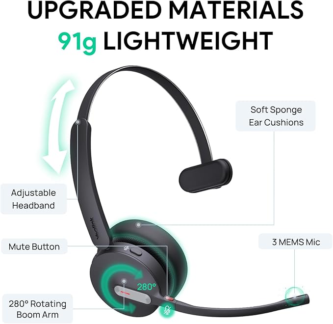 Yealink BH70 Mono Teams Wireless Headset with Mic for Work, Microsoft Teams Certified Bluetooth Headphone for 35h Calling, 91g All-Day Wearing Comfort, Perfect for Open Office, USB-C/A
