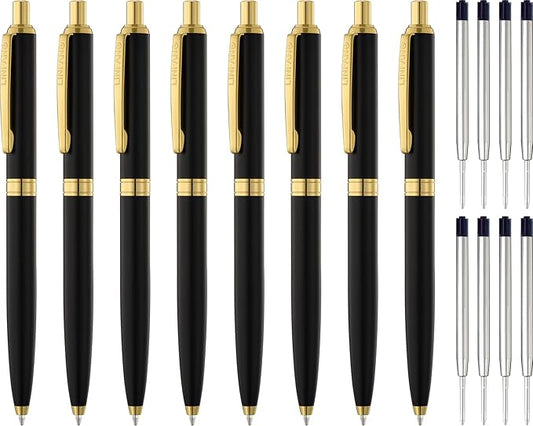 LINFANC 8 Pack Ballpoint Pens, Premium Retractable Metal Ballpoint Pen, Medium Point 1.0mm Black Ink Pen for Home School Work Office Supplies, Matte Black with Gold Trim, Extra 8 Refills