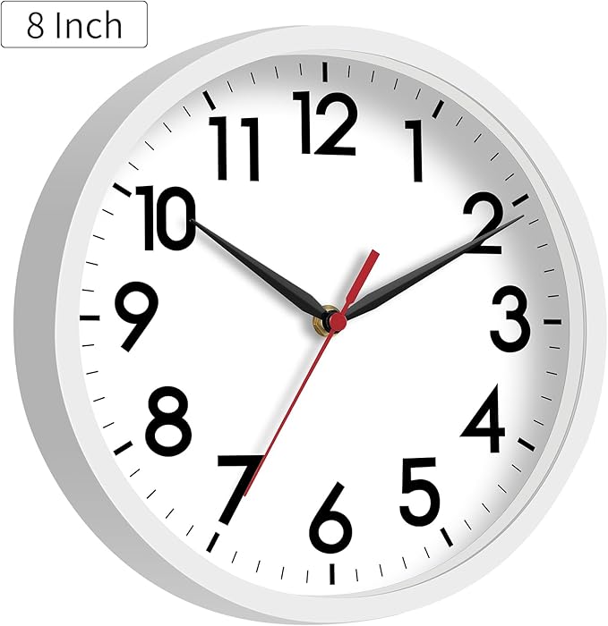 AKCISOT Wall Clock, Modern Small Wall Clocks Battery Operated 8 Inch, Silent Non-Ticking Analog Classic for Office, Home, Bathroom, Kitchen, Bedroom, School(White)