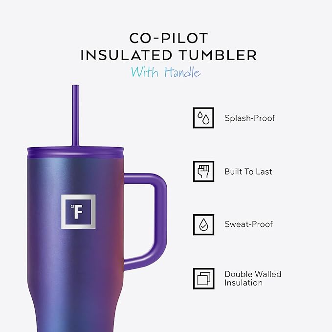 IRON °FLASK Co-Pilot Insulated Mug w/Straw & Flip Cap Lids - Cup Holder Bottle for Hot, Cold Drink - Leak-Proof - Water, Coffee Portable Travel Mug - Clementine, 32 Oz