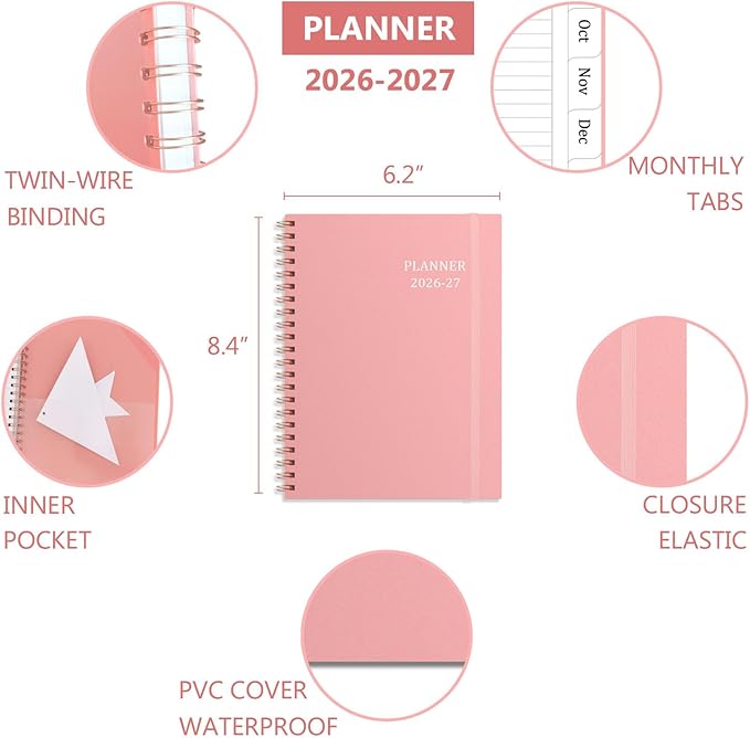 Tiankool Planner 2026-2027 - Jan 2026-Jun 2027 Weekly Monthly Planner with 18 Monthly Tabs, Elastic Closure, Inner Pocket, Round Corner,5.8" x 8.25"- Pink