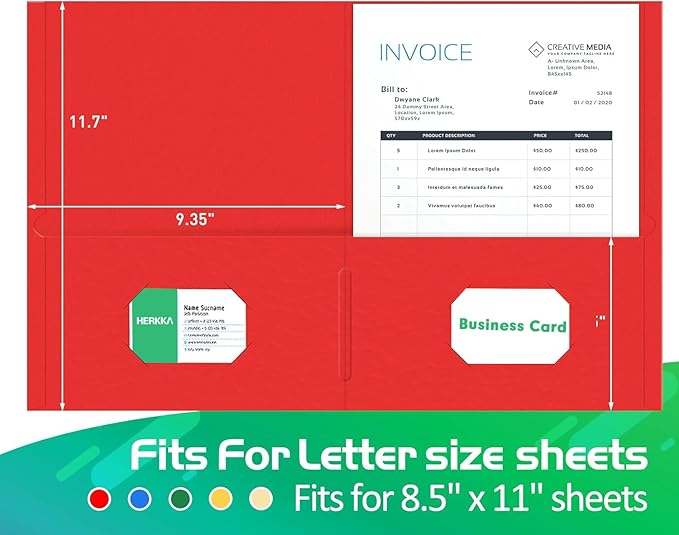 Two Pocket Folder, HERKKA 100 Pack 2 Pocket Folders, Letter Size Paper Folders Designed for Office and Classroom Use, Assorted 5 Colors
