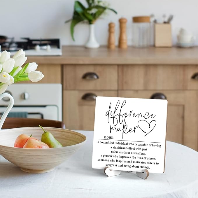 Wooden Table Sign Gift Difference Maker Definition Desk Decor Wood Plaque With Stand Unique Gift Ideas for Boss Women Best Mom Coworker Teacher Office(White)-A02