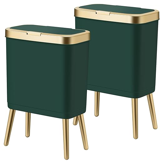 Procade 2Pack Gold Trash Can with Lid, Bathroom Trash Can with Legs, 4 Gallon Office Trash Cans for Near Desk, Slim Garbage Bin Waste Basket for Bedroom, Kitchen,Living Room&Toilet(Green+Green)
