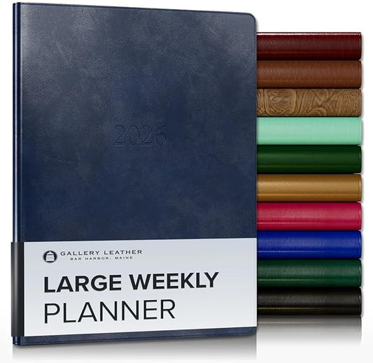 Gallery Leather Large Weekly Monthly Planner 2025-2026, Elegantly Bound Calendar Planner and Notebook with Stylish Gold-Gilded Page Edges, 12 Months - Acadia Navy - 9.75 x 7.5 "
