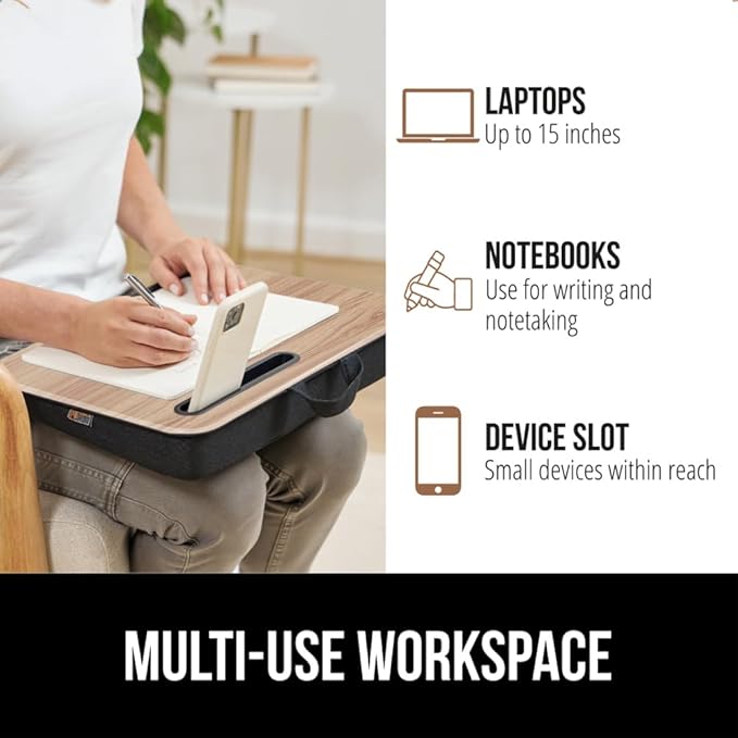 GORILLA GRIP Laptop Lap Desk with Phone Holder, Pillow Cushion Desks Fit Laptops up to 15.6", Tray Ledge Keep Computers in Place, Portable Travel Workstation Essentials for Home, Light Wood Color