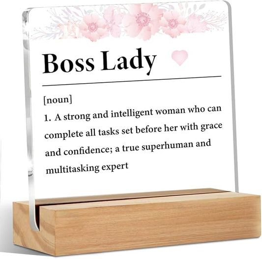 Boss Lady Gifts for Women Office Decor Acrylic Sign with Wood Stand, Best Boss Gifts for Women Leader Boss Mentor Bedroom Living Room Desk Cubicle Table Shelf Decor, Leadership Gifts Manager Gifts