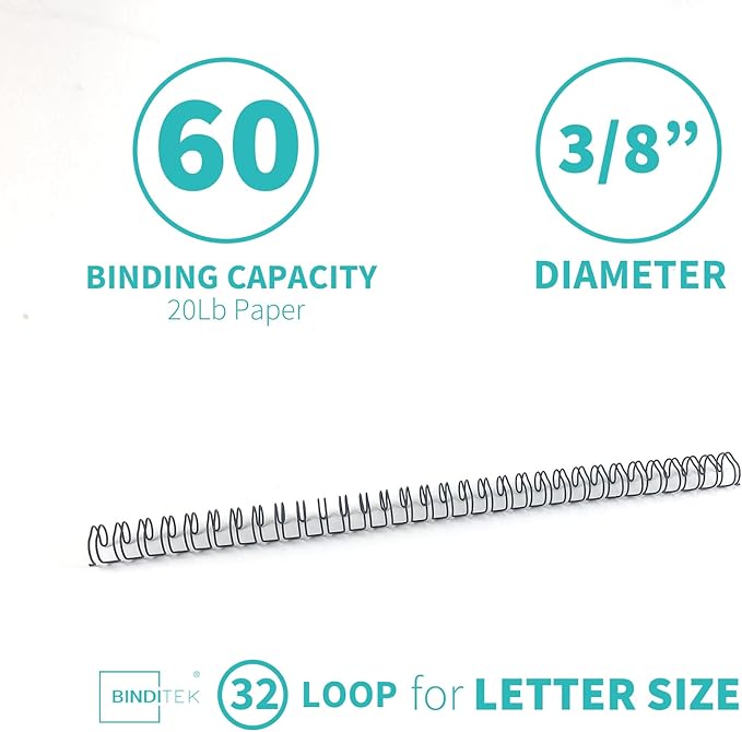 Binditek 100 Pack Double Loop Wire Binding Spines, 3/8Inch Binding Wire for Letter Size, 3:1 Pitch, 60 Sheet Capacity, 32-Loop, Black, for Students and Coworkers