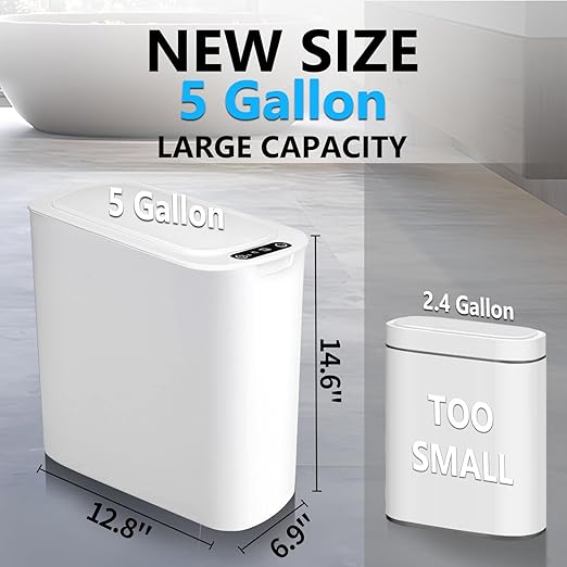 5 Gallon Motion Senor Bathroom Trash Can with Lid, Automatic Garbage Can Touchless, Smart Plastic Waste Basket for Narrow Spaces, Bathroom, Office, Bedroom, Living Room (White)