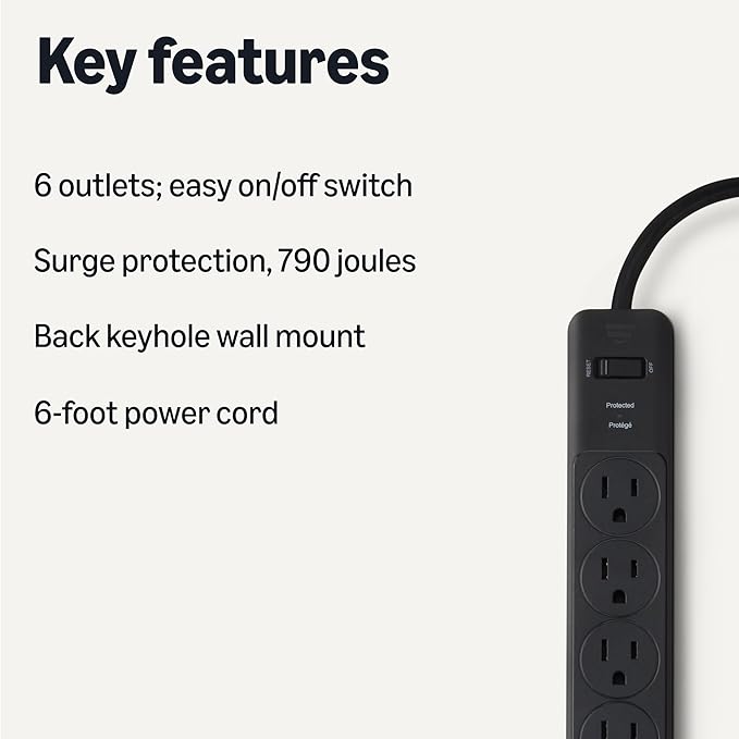 Amazon Basics Surge Protector Power Strip, 6-Outlet, 790 Joules, 6ft Extension Cord, Black