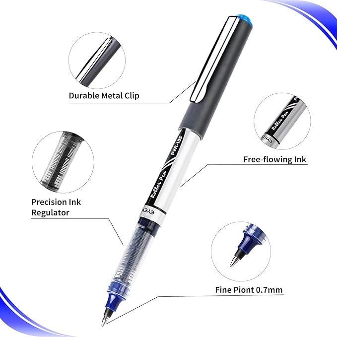 EYEYE Blue Rollerball Pen Fine Point, 8 Pack Liquid Ink Pen 0.7mm Quick Dry, Medium Point Blue Ink Pens Fine Point Smooth Writing Pens for Journaling, Note Taking, Office, School Supplies