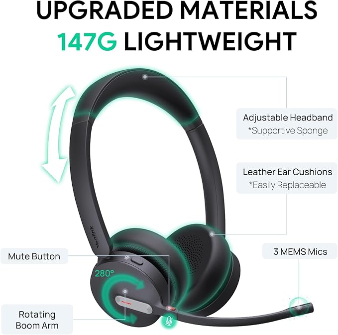 Yealink BH70 Dual Wireless Headset with Mic for Work, Bluetooth Headphone with Teams Certification, up to 35h Talk Time, 147g All-Day Wearing Comfort, Perfect for Open Office Home Hybrid Work