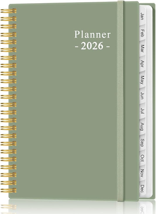 2026 Planner - Planner 2026 from January 2026 - December 2026, Weekly & Monthly Planner Spiral Bound with 12 Monthly Tabs, Inner Pocket, 6.4" x 8.5", Green-E