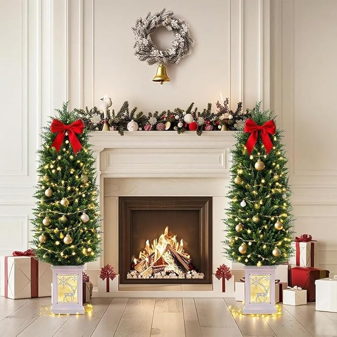 Artificial Cedar Trees 5FT, UV Resistant Faux Tree Potted Plants with Trunk 59in Fake Cypress Tree for Indoor Outdoor Garden Decor-2pack