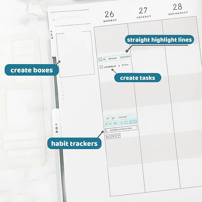 Planner Stencils Templates, Flexible 3-Piece Set for Bullet Journal and Calendar Planning, Reusable Stencils for Creating Straight Lines, Boxes, and Checkboxes in Dot Grid Journals