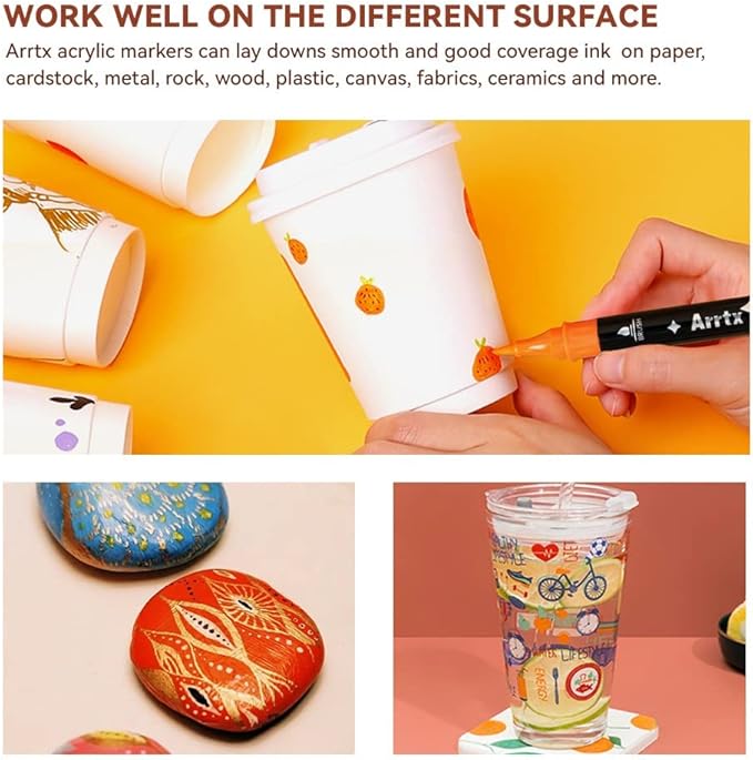 Arrtx Acrylic Paint Pens, 32 Colors Brush Tip and Fine Tip (Dual Tip) Paint Markers for Rock Painting, Water Based Acrylic Painting Supplies for Fabric Painting,Wood, Plastic, Canvas, Easter Egg