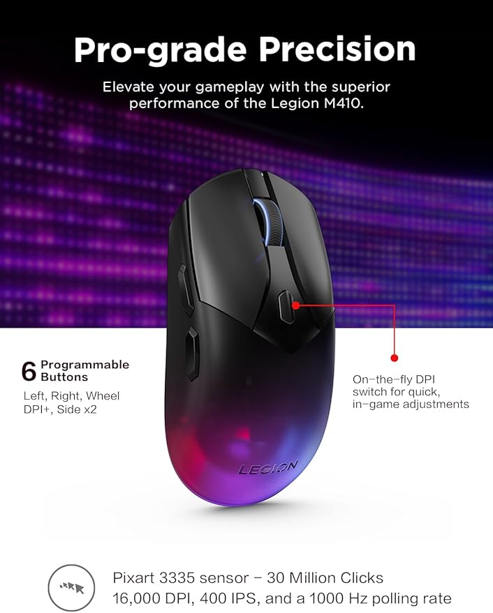 Lenovo Legion M410 Wireless RGB Gaming Mouse – 6 Button Palm Grip Mouse with 16,000 DPI, 53 Hour Rechargeable Battery, 2-Zone RGB Lighting, NVIDIA Reflex Compatible