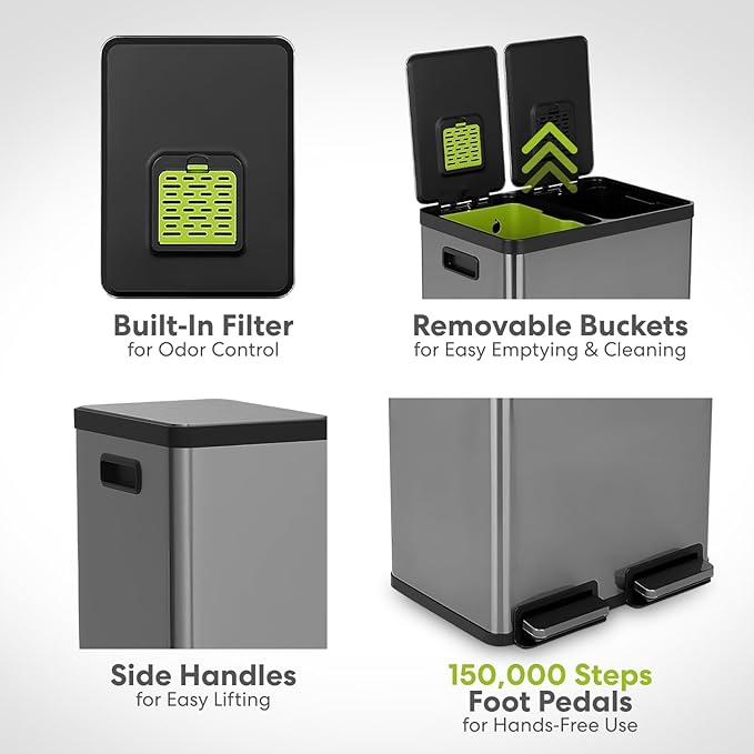 SIMPLI-MAGIC 16 Gallon (60L) Elegant Black Step Trash Can – Dual Compartment Kitchen Garbage Can with Waste & Recycling Bins – Slow-Close Lid, Odor Control, Hands-Free, Premium Stainless Steel