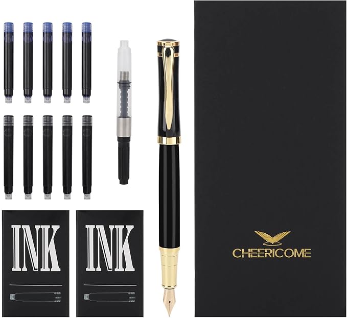 Cheericome Fountain Pen - Ink Pen for Smooth Writing - Exquisite Fountain pen gift set for Men & Women - Fountain Pen Fine Nib，Includes 10 Ink Cartridges and Ink Refill Converter - Black