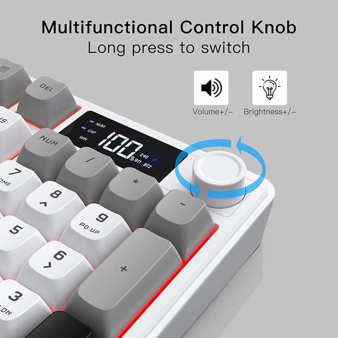 Wireless Gaming Keyboard with Smart Display & Knob Control, Tri-Mode BT5.0/2.4GHz/Type C RGB Backlit Computer Keyboards with Number Pad, 26-Key Rollover, Compatible for Windows, Mac
