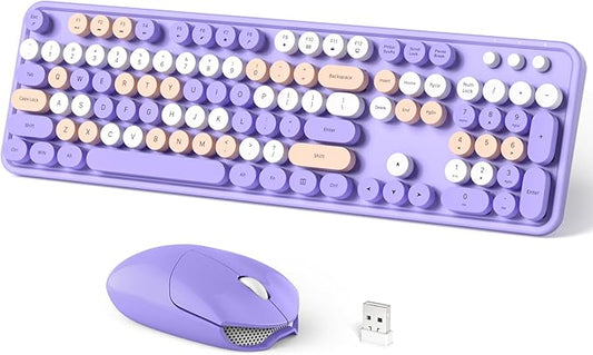 Wireless Keyboard and Mouse Combo, 104 Keys Full-Sized Typewriter Keyboards, 2.4 GHz USB Receiver Plug and Play, for Windows, PC, Laptop, Desktop (Purple Colorful)
