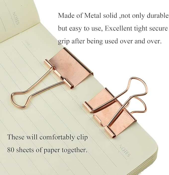 HAHIYO Binder Clips Paper Clamp Spring Steel Sturdy Medium 1.26 inch Width 0.39 Inch Capacity No Sharp Edges Heavy Duty Tight Grip Reusable Rose Gold Metal Bright Finish for Home Office School 13 Pack