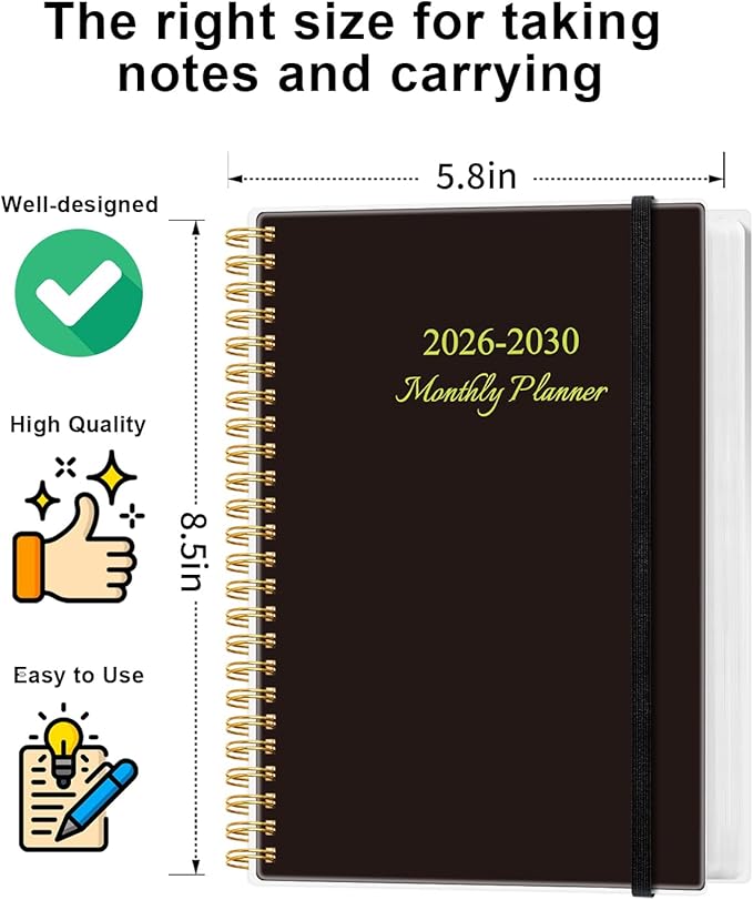 2026-2030 Monthly Planner - 60 Month PLanner Calendar from January 2026 to December 2030, 5 Year Planner 2026-2030 with Flexible Cover, Inner Pocket, Perfect for Home | School | Office, 5.8" x 8.5", Black