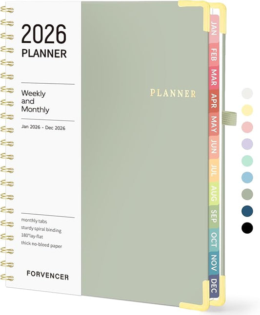 2026 Planner, Forvencer Calendar Planner Weekly and Monthly, January 2026-December 2026, 8.5" X 11", Hardcover Agenda Book with Tabs, Cute Daily Journal Planning with Inner Pocket, Home College Organizer Notebook for Office School Supplies, A4, Green