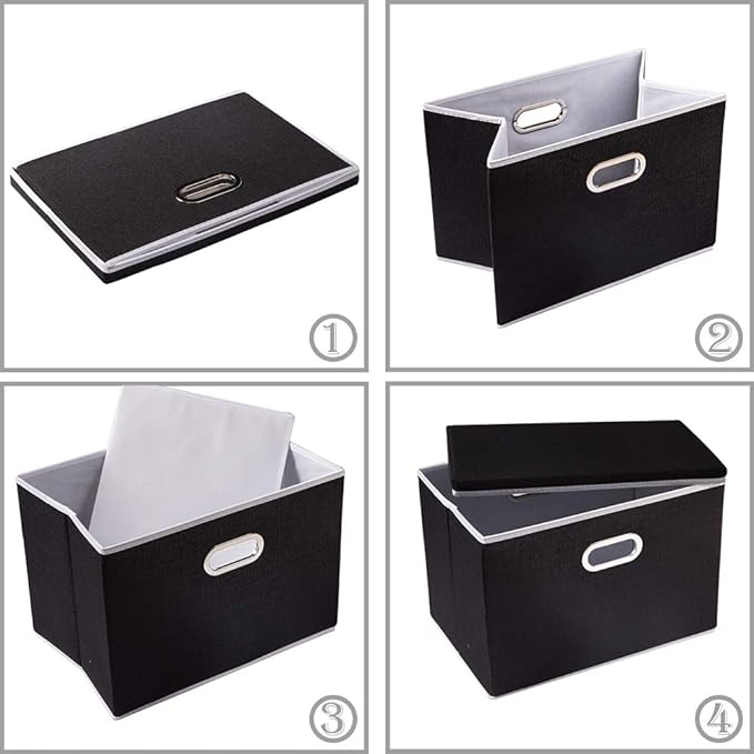 PRANDOM Foldable Storage Box with Lid [3-Pack] Fabric Collapsible Storage Bin Organizer Container Basket Cube with Cover for Home Bedroom Closet Office Nursery Black (14.9x9.8x9.8)
