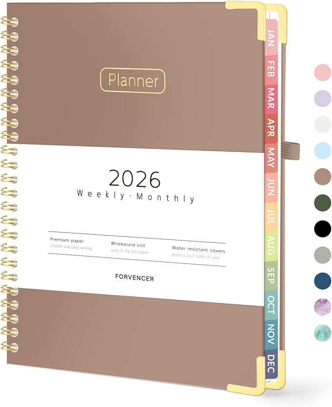 Forvencer 2026 Planner, Hardcover Calendar Planner Weekly and Monthly, January 2026 - December 2026, 6" x 8", Spiral Agenda Book with Tabs, Exquisite Daily Journal with Inner Pocket, Organizer Notebook for Office Home School, A5 Size, Brown