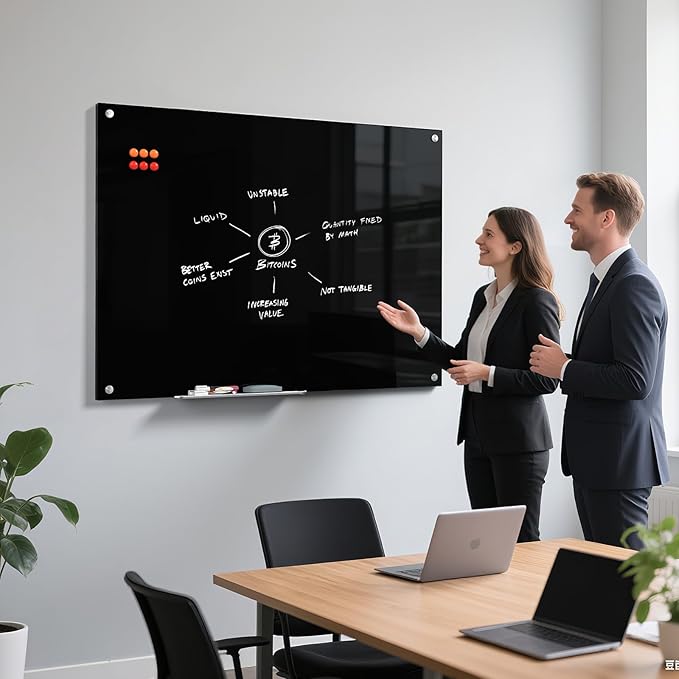 MaxGear Glass White Boards 48x36 Inches, Wall Mounted Magnetic Glass Dry Erase Board Black, Large Frameless Whiteboard with 1 Eraser,3 Markers and 6 Magnets for Office, School, Home