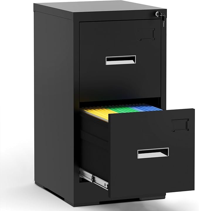 2 Drawer File Cabinets with Lock, Black Vertical Filing Cabinet for Home Office, Heavy Duty Metal Storage Cabinets Office Steel Cabinet for Letter Legal Size Files, Assembly Required
