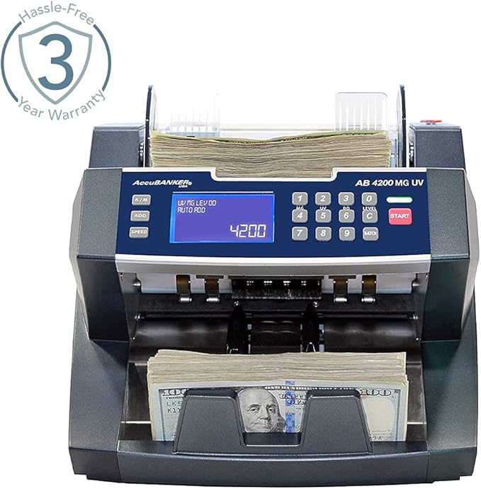 AccuBANKER AB4200MGUV Bill Counter Machine, 300 Bills Hopper Capacity Variable Counting Speeds up to 1,800 Bills/Min with 3-Point Counterfeit Detector Magnetic Ultraviolet, Commercial Grade, UL & CE