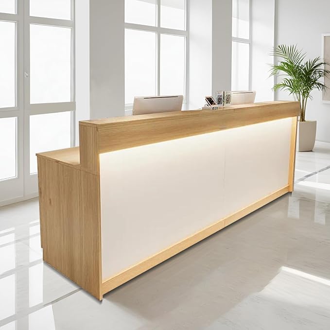 Modern Reception Desk Front Desk with LED Strip Lighting, Lockable Drawers, and Versatile Storage for Office, Checkout (Wood Color/Regular Type, 55.12" L*23.62" W*39.37" H)