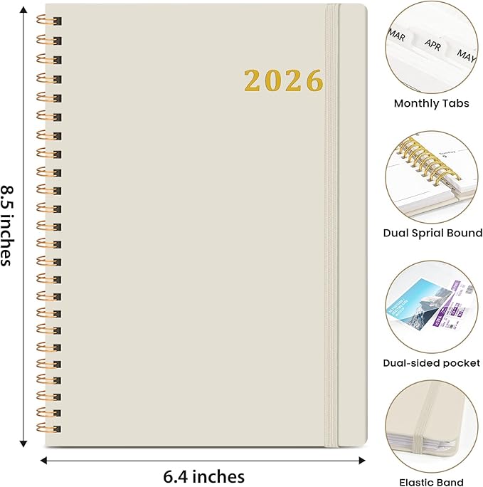2026 Planner, Weekly and Monthly Calendar Planner Book, January 2026 - December 2026, Hardcover Spiral Planner with Monthly Tabs, Notes Pages, Perfect for Women & Men, A5 (6.4" x 8.5") - Beige