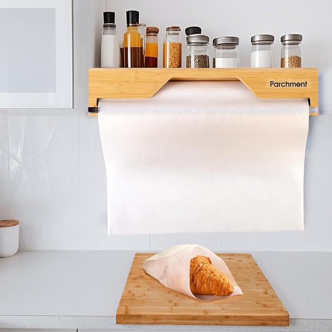 15 Inch Parchment Paper Dispenser with Cutter for Costco-Sized Roll, Bamboo Kitchen Drawer Organizer for Foil & Wax Paper, Wall-Mounted Large Food Wrap Holder
