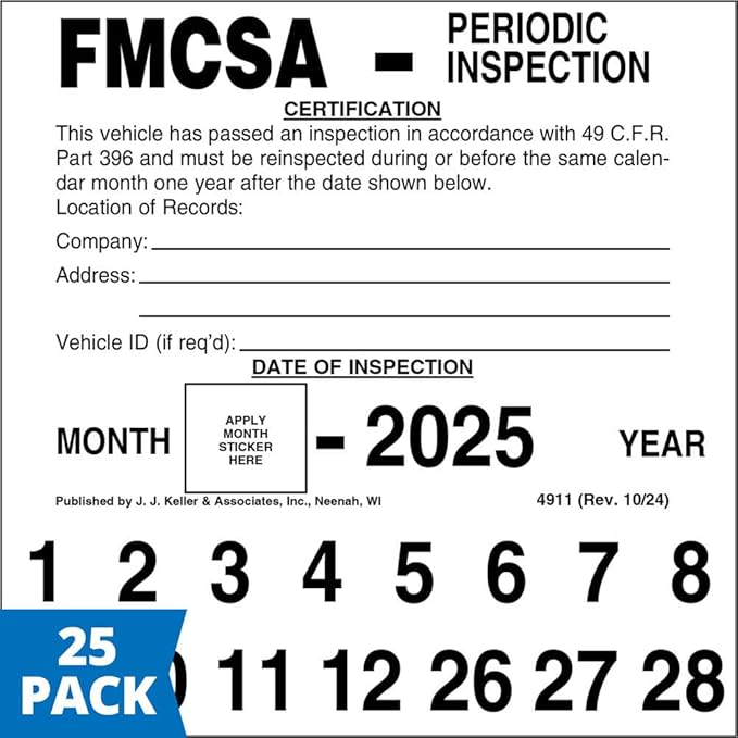 FMCSA Periodic Inspection Label 25-pk. - 5" x 5", Permanent Self Adhesive Vinyl - Meet DOT AVIR 49 CFR Part 396 Requirements - J. J. Keller & Associates