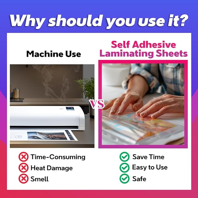 Self Adhesive Laminating Sheets 12.3x17.1 inches, 20 Pack, 4mil Thickness, No Heat or Machine Needed, Waterproof, Self Sealing, Easy Peel and Stick, Heavy Duty Clear Glossy Finish, by VIOLETTO