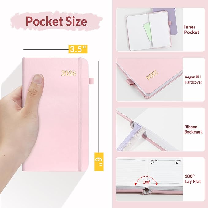 SUNEE 2026 Pocket Weekly Planner for Purse 3.5" x 6" - 12 Month (January 2026 - December 2026), Small Size Planner, Hardcover, Notes, Pocket, 100 GSM Paper, Pink
