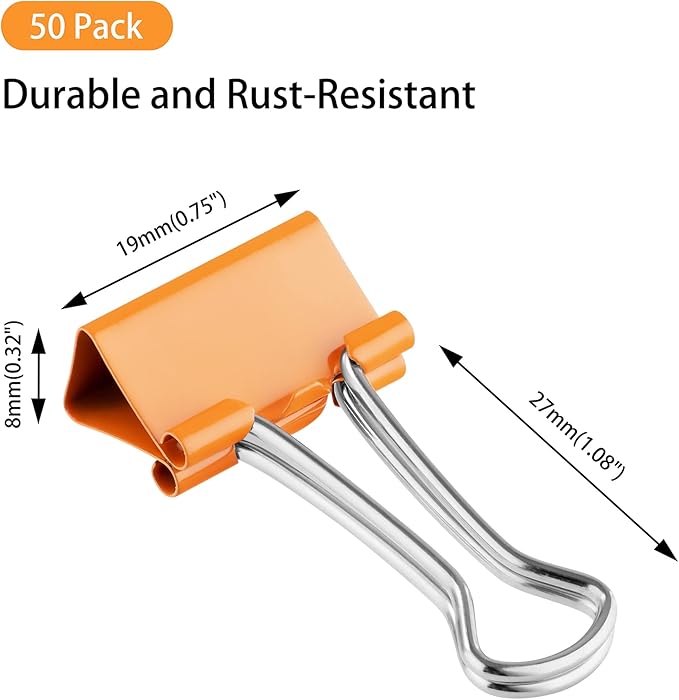 Small Orange Binder Clips, 3/4 Inch (19mm), 50 Pack Mini Clips