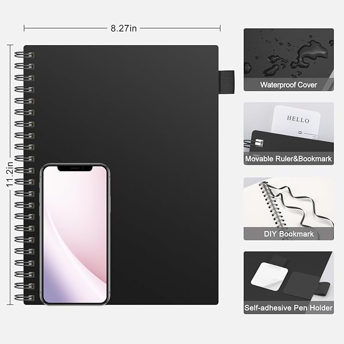 AHGXG Spiral Notebook College Ruled - Spiral Journal Perforated Notebook A4 8.5" x 11", 300 Pages Easy Tear Perforated Pages, 100GSM Thick Paper, Plastic Hardcover, for Writing Work School, Black