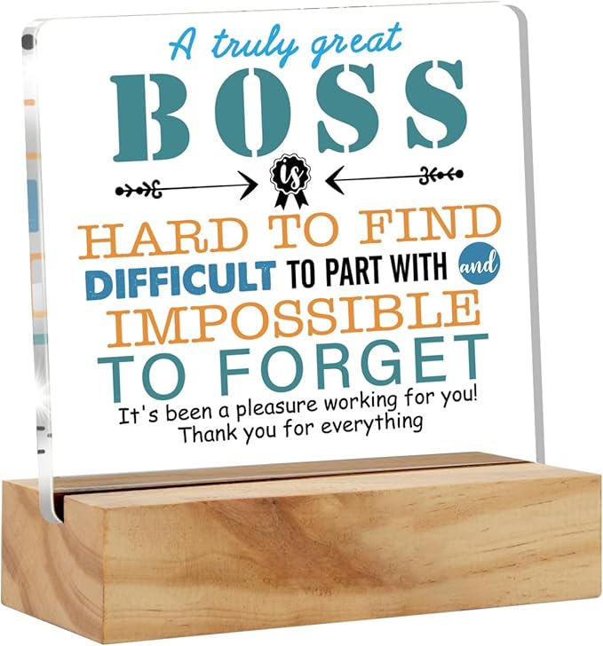 Appreciation Boss Gifts for Men & Women - Acrylic Desk Plaque Sign with Wood Stand - Boss Day, Leaving, Retirement Keepsake